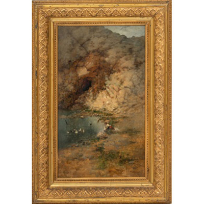 JUAN  ALDAZ SANCHEZ   (Puerto de Santa María, Cádiz 1860 - Sevilla 1912)  &quot;Lavandera en el río&quot;  Firmado: Aldaz  Óleo / Lienzo 