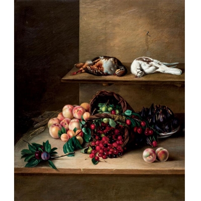 Jose María Murillo Bracho.  &quot;Bodegón de aves y frutos&quot;. Óleo sobre lienzo. 
