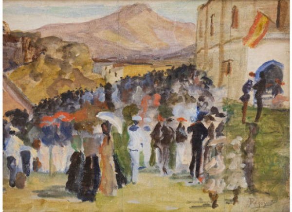 DARÍO DE REGOYOS (Asturias, 1857-Barcelona, 1913)  Muchedumbre delante de la plaza de toros de bayona, ca. 1903. Óleo sobre lienzo pegado a cartón. 
