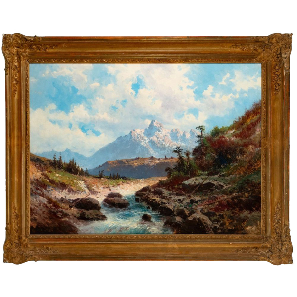 "Paisaje con casa y montañas" Carlos de Haes – siglo XIX.  Óleo sobre lienzo