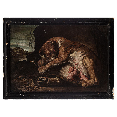 Escuela flamenca, s.XVII. Círculo de Pedro Pablo Rubens. Leona con sus crías.  Óleo sobre lienzo.