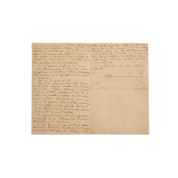 Miguel de Unamuno.   Carta manuscrita firmada al fin, sin fecha, de contenido enteramente político, responde a una carta recibida...