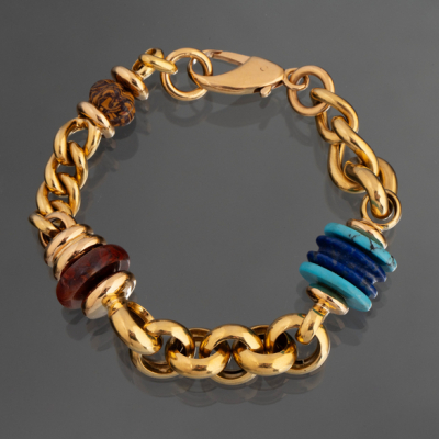 Pulsera de eslabones en oro amarillo de 18kt con piedra lapislázuli y ágata.