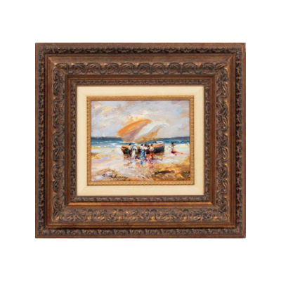 GINER BUENO   (Alicante 1935 - 2000)  &quot;Marina con barca atracada y mujeres &quot; 