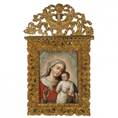 ESCUELA COLONIAL S. XVII &quot;Virgen con niño&quot;. Óleo sobre lienzo, 