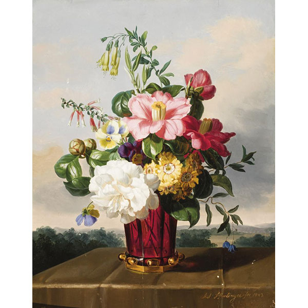 Anton Hartinger. Jarrón con flores y paisaje