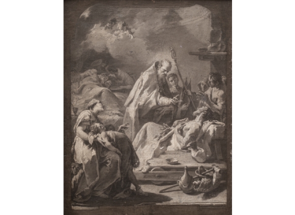GIOVANNI BATTISTA II PITTONI (1687-1767).  San Nicolás de Bari curando a los enfermos, grisalla. 