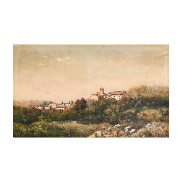 Francisco Cordero (Jerez de la Frontera, C&aacute;diz, 1800-1900) Paisaje con pueblo. &Oacute;leo sobre tela.