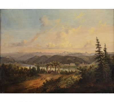 ANTONIO DE BRUGADA (Madrid, 1804 - San Sebasti&aacute;n, 1863)  Vista de paisaje alpino con aldea y casa de campo, en primer t&eacute;rmino figuras bajo una p&eacute;rgola 