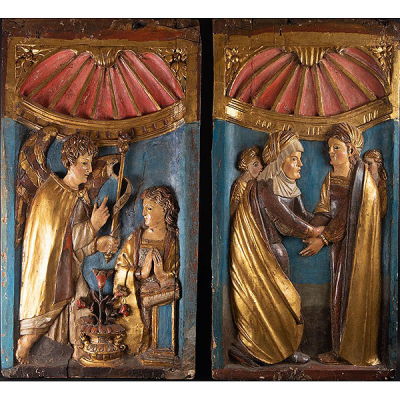 Importante pareja de Relieves representando La Anunciación y la Visitación, escuela Colonial del siglo XVI, posiblemente Nueva España.