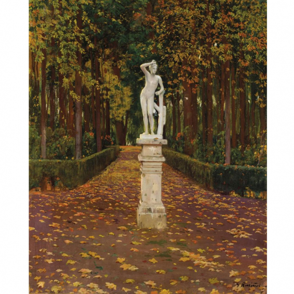 Santiago Rusi&ntilde;ol i Prats. "Jard&iacute;n de Aranjuez". &Oacute;leo sobre lienzo. Firmado en el &aacute;ngulo inferior derecho.