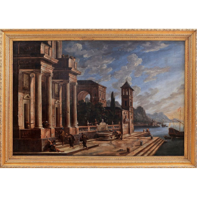 VIVIANO CODAZZI (B&eacute;rgamo, c.1604 &ndash; Roma, 1670) - "Capricho costero con edificio monumental, fuente y figuras".    &Oacute;leo sobre lienzo