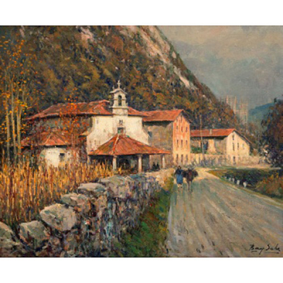 JUAN  BAY&Oacute;N SALADO "BAY-SALA"  (Logro&ntilde;o 1913 - Bilbao 1995) "Iglesia de Ma&ntilde;aria y aldeana con mula"