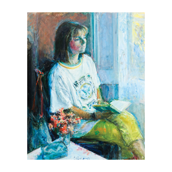 Gabino Rey Santiago (Pontevedra, 1928-Barcelona, 2006)  Joven a contraluz.  Óleo sobre tela. Firmado.