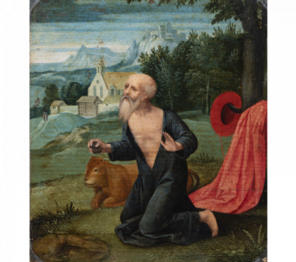 ATRIBUIDO AL MAESTRO DE LAS MEDIAS FIGURAS FEMENINAS (ACT. EN FLANDES A PRINCIPIOS DEL S. XVI) San Jerónimo penitente en un paisaje     Óleo sobre tabla de roble. 16,5 x 15 cm.