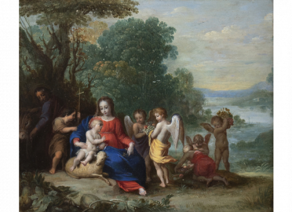 ATRIBUIDO A HANS ROTTENHAMMER EL JOVEN (1622-1668) y PAUL BRIL (1554- 1626)  Descanso de la Huida a Egipto sobre un paisaje   Óleo sobre cobre. 17,5 x 20 cm. 