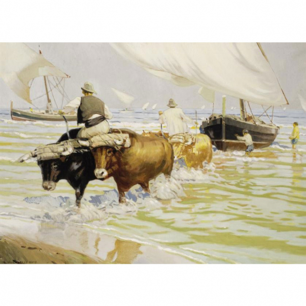 Enrique Martínez Cubells. "Bueyes sacando las barcas". Óleo sobre lienzo. Firmado en el ángulo inferior izquierdo.