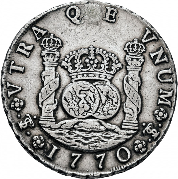 Moneda 1770 Carlos-III Potosi JR 8 Reales M.B.C., agujero tapado.