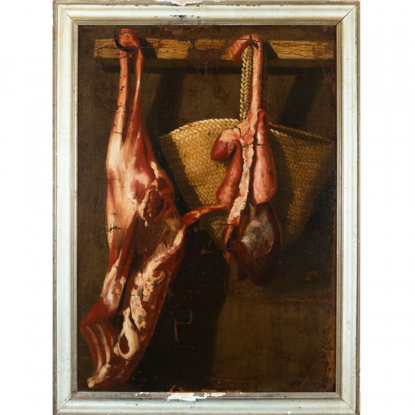 "Bodegón de carne" Escuela Coloinal Siglo XVII (firmado 'Salvador Gutiérrez').    Óleo sobre lienzo.