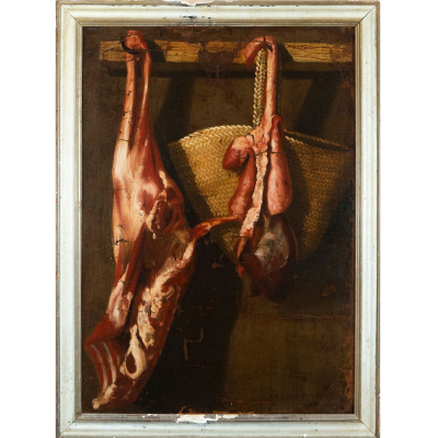 &quot;Bodegón de carne&quot; Escuela Coloinal Siglo XVII (firmado &#039;Salvador Gutiérrez&#039;).    Óleo sobre lienzo.