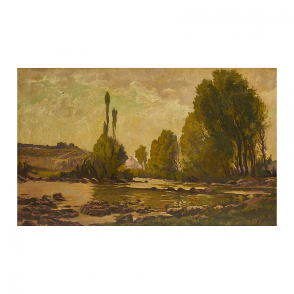 Francisco Gimeno Arasa (Tortosa, Tarragona, 1858-Barcelona, 1927)  Paisaje fluvial.  Óleo sobre tela. Firmado.