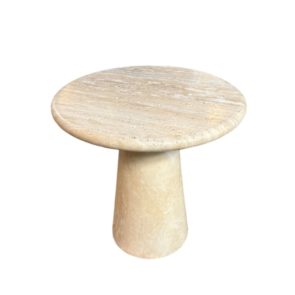 Mesa baja de caf&eacute; circular en m&aacute;rmol travertino estilo Angelo Mangiarotti, c.1970.