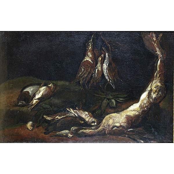Anónimo español, S.XVIII “Bodegón de caza con becadas y liebre”