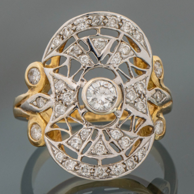 Sotija Art Decó en oro blanco y oro amarillo de 18 kt con brillantes.
