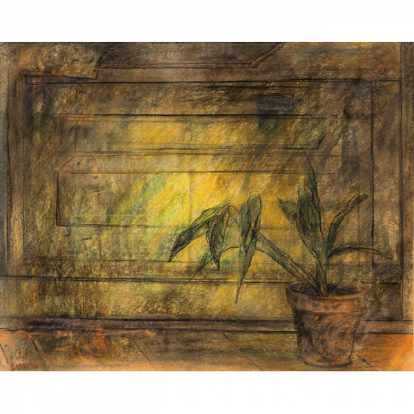 JUAN BARRETO   (1943)  "Interior con planta "  Firmado: Barreto  Pastel / Papel 
