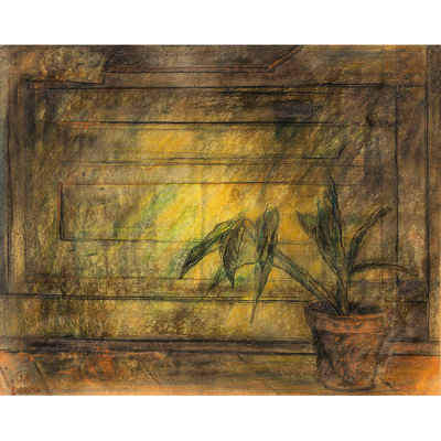 JUAN BARRETO   (1943)  "Interior con planta "  Firmado: Barreto  Pastel / Papel 