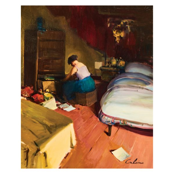 Ramón Calsina Baró (Barcelona, 1901-1992)  Interior con personaje femenino.  Óleo sobre tela. Firmado. 