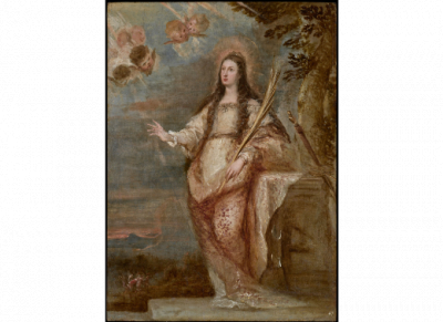 JOSÉ ANTOLÍNEZ (Madrid 1635-1675).  Santa Catalina de Alejandría.   Óleo sobre tabla. 
