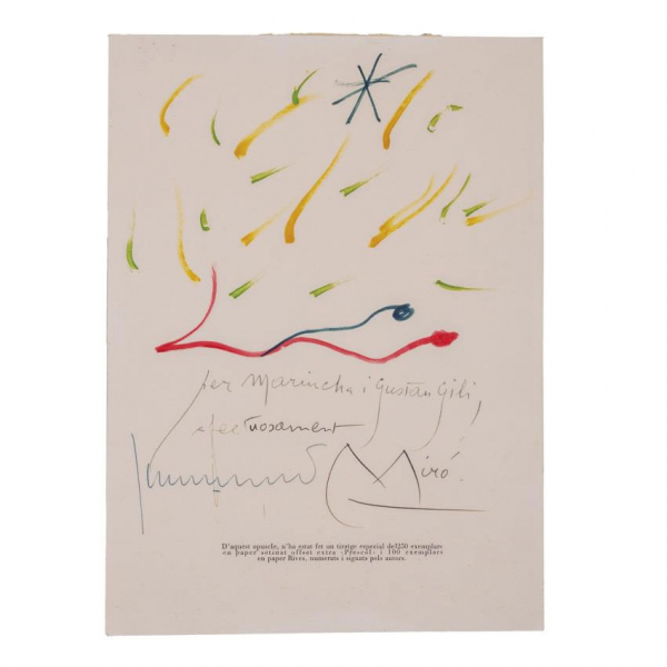 JOAN MIR&Oacute;. Dibujo original con dedicatoria aut&oacute;grafa a Mariucha i Gustau Gili, con firma aut&oacute;grafa de Mir&oacute; y Juan Perucho.