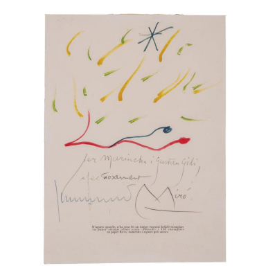 JOAN MIR&Oacute;. Dibujo original con dedicatoria aut&oacute;grafa a Mariucha i Gustau Gili, con firma aut&oacute;grafa de Mir&oacute; y Juan Perucho.