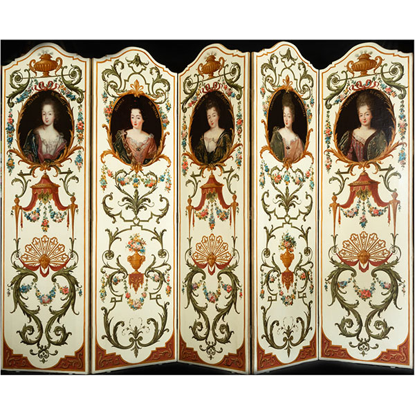 Excepcional Lote de 5 Paneles de Boiserie pintados sobre lienzo y montados en Biombo, Trabajo Francés del siglo XVIII, período Luis XVI.