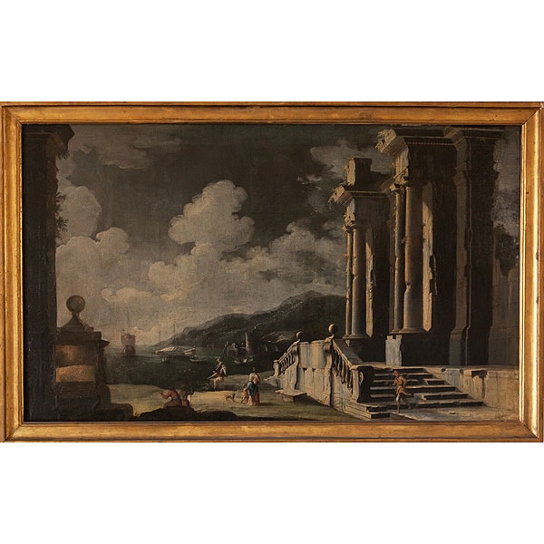 Escuela italiana S.XVIII "Capricho con arquitecturas" Óleo