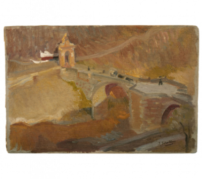 JOAQUÍN SOROLLA Y BASTIDA (Valencia, 1863 - Madrid, 1923).  Puente de Alcántara, Toledo, 1906.   Óleo sobre cartón. 