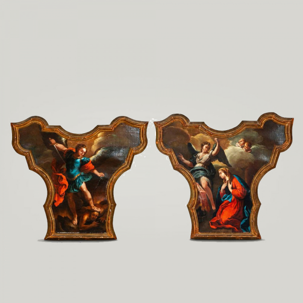 "San Miguel" y "La Anunciación". Pintor Romano del siglo XVIII o italiano activo en España.   Óleo sobre lienzo. 