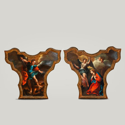 "San Miguel" y "La Anunciaci&oacute;n". Pintor Romano del siglo XVIII o italiano activo en Espa&ntilde;a.   &Oacute;leo sobre lienzo. 