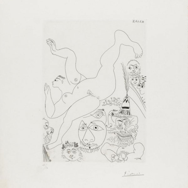Pablo Picasso. "T&eacute;l&eacute;vision: gymnastique au sol, avec spectateurs - Serie 347 (1968)". Aguafuerte sobre papel BFK Rives.