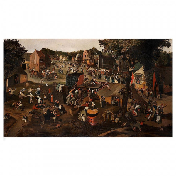 MARTEN VAN CLEVE (Amberes, c. 1527 &ndash; 1581) Atribuido "Gran kerm&eacute;s aldeana con escenario teatral y procesi&oacute;n".  &Oacute;leo sobre lienzo