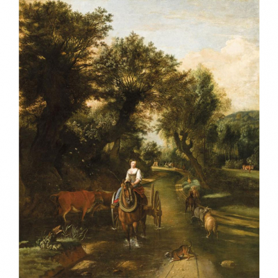 Jan Sieberechts. "Cruzano el r&iacute;o (1669)". &Oacute;leo sobre lienzo. Firmado y fechado (1669) en el &aacute;ngulo inferior derecho.