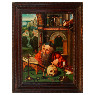 Atribuido a Joos van Cleve (Cleves, Alemania,1485-Amberes, Bélgica, 1540) San Jerónimo en meditación. Óleo sobre tabla.