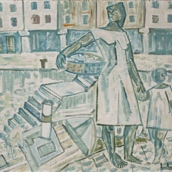 "Sardinera con niño en el puerto"  JAVIER AROCENA (San Sebastián, 1935 -2016)   