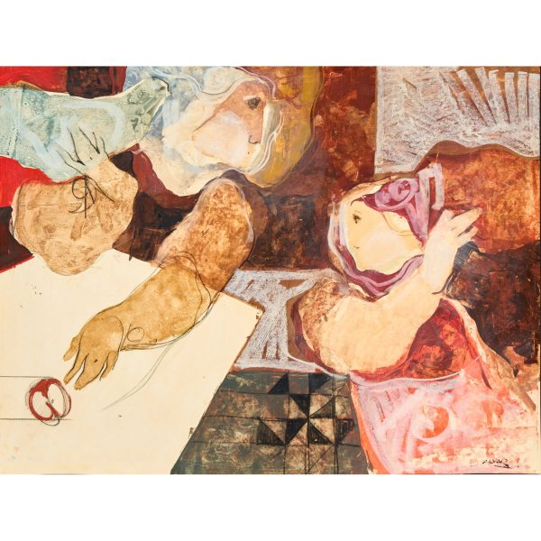 Alvar Suñol Muñoz-Ramos (Montgat, Barcelona, 1935)  Personajes con manzana.  Técnica mixta sobre papel adherido a tabla. Firmado. 