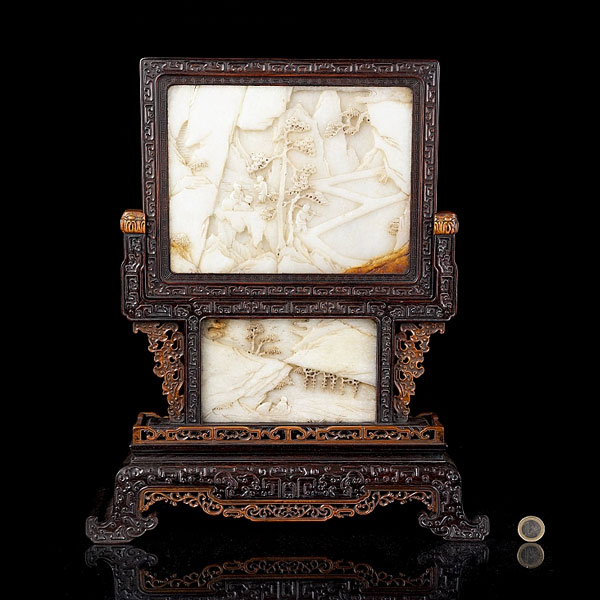 Doble panel de jade blanco tallado &quot;Paisaje&quot;, dinastía Qing. 