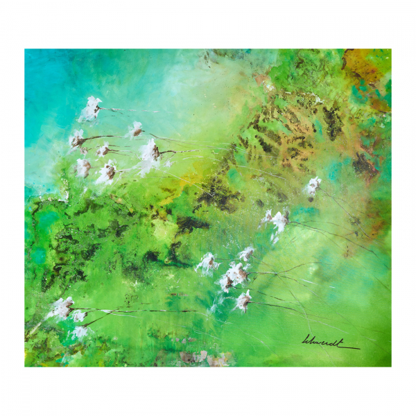 Elba Schwerdt (Bahía Blanca, Argentina, 1956)  Composición en verde.  Técnica mixta sobre tela. Firmado. 