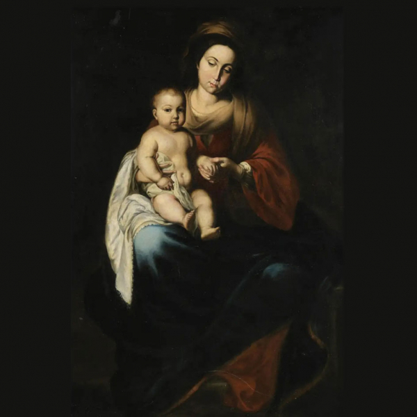Monumental "Virgen con Niño" a la manera o del Obrador de Bartolomé Esteban Murillo, siglo XVII. 
