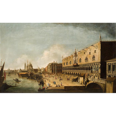 Escuela Veneciana S. XVIII. Veduta.  &quot;Palacio del Dux desde el Gran Canal&quot;. Óleo sobre lienzo.