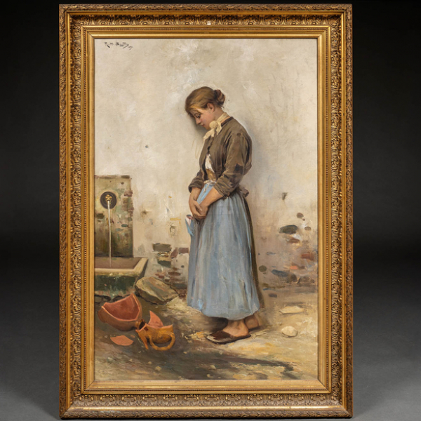 "Jovencita con cántaro roto en la fuente".  RICARDO BRUGADA (Barcelona, 1867-1919).  